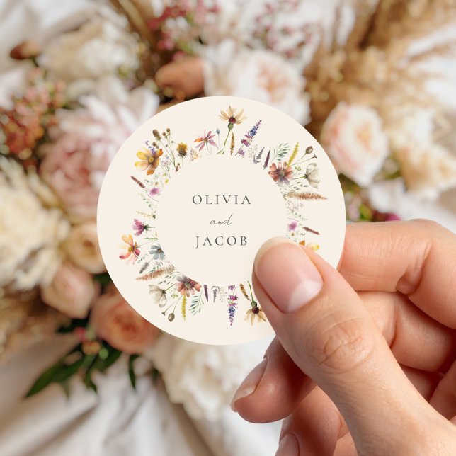 Minimalist Boho Wildflower Floral Wedding Classic Round Sticker (Creator Uploaded)