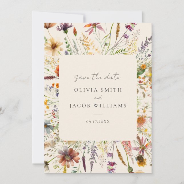 Minimalist Boho Wildflower Floral Wedding Save The Date (Front)