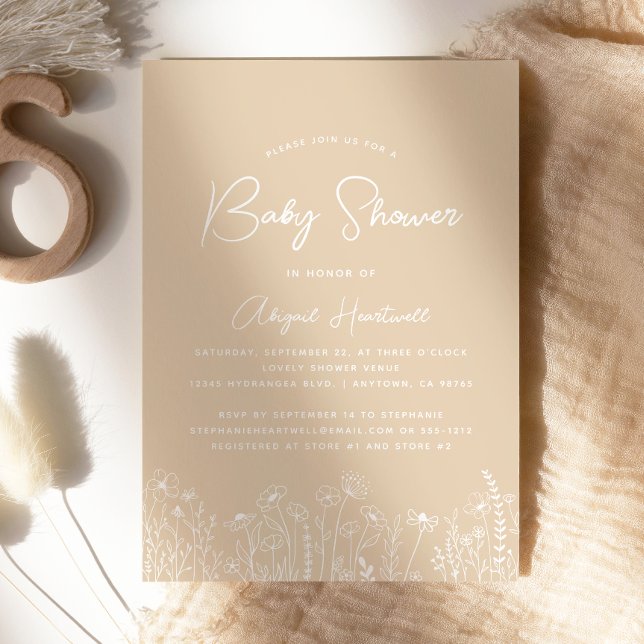 Minimalist Boho Wildflowers Beige Baby Shower Invitation (Creator Uploaded)