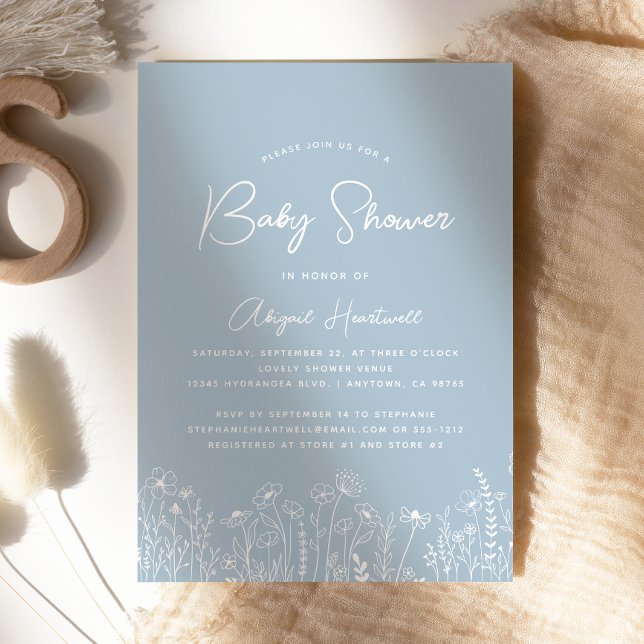 Minimalist Boho Wildflowers Dusty Blue Baby Shower Invitation (Creator Uploaded)