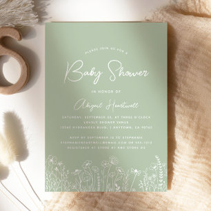Minimalist Boho Wildflowers Sage Green Baby Shower Invitation