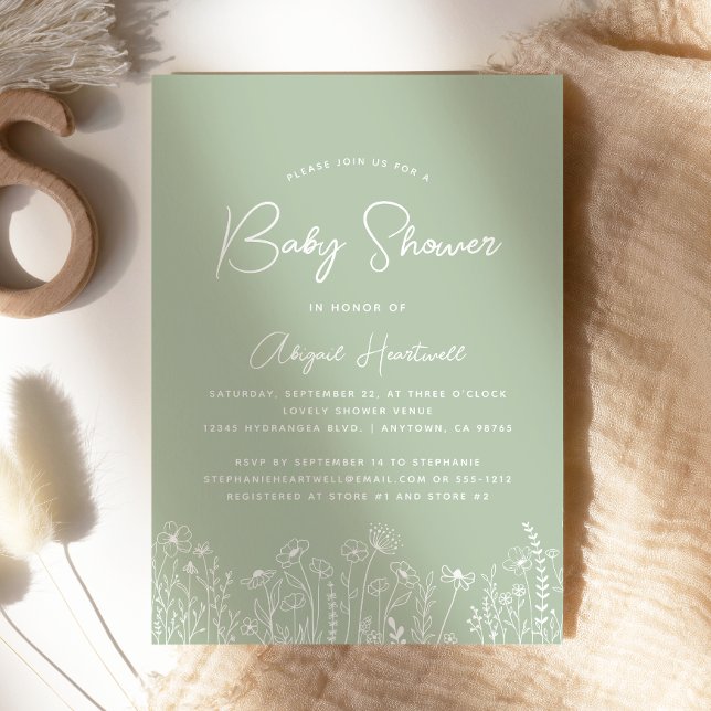 Minimalist Boho Wildflowers Sage Green Baby Shower Invitation (Creator Uploaded)