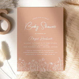 Minimalist Boho Wildflowers Terracotta Baby Shower Invitation