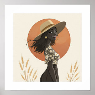 Minimalist Boho Woman Straw Hat Aesthetic Art Poster