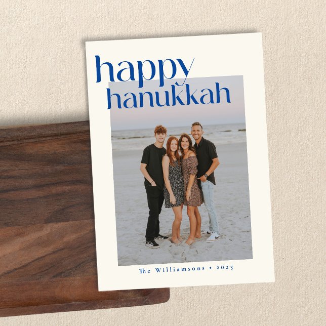 Minimalist Bold Blue Modern Hanukkah Custom Photo Holiday Card (Creator Uploaded)