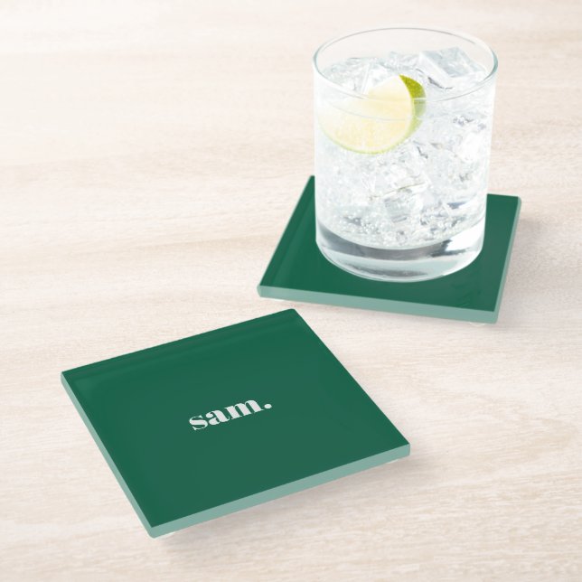 Minimalist bold custom text green glass coaster (Angled)