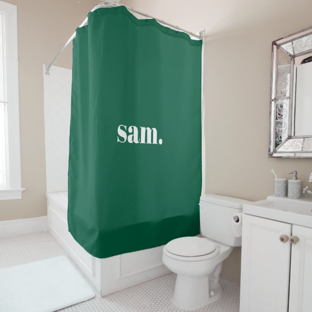 Minimalist bold custom text green shower curtain (In Situ)