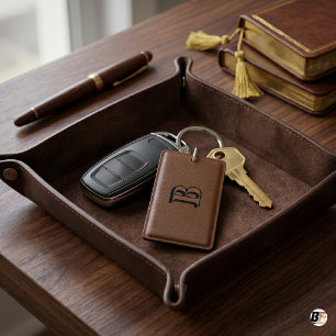Minimalist Bold Monogram Initial B Brown Leather Key Ring
