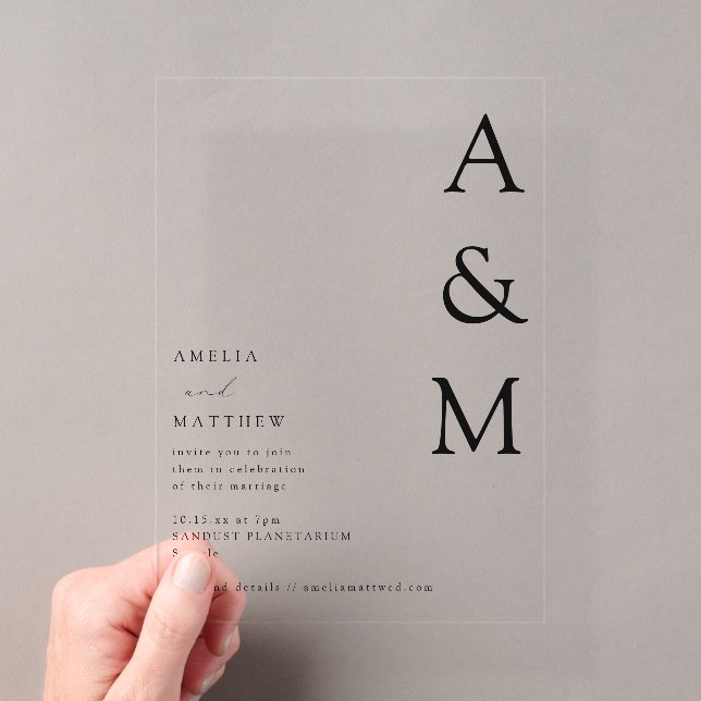 Minimalist Bold Monogram Typography Wedding Simple Acrylic Invitations (Insitu (Handheld))
