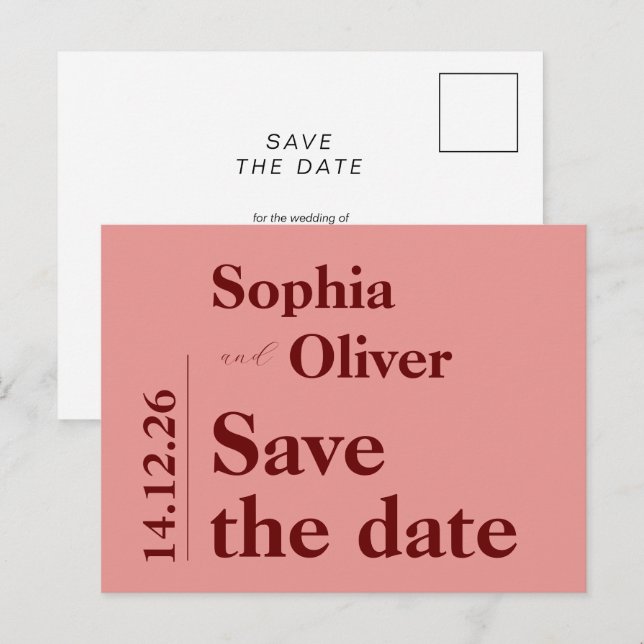 Minimalist bold pink typography save the date postcard (Front/Back)