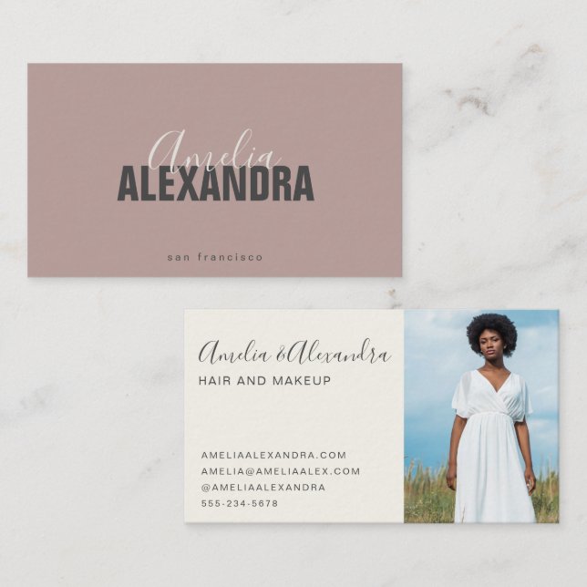 Minimalist Bold Script Boho Chic Mauve Photo  Business Card (Front/Back)