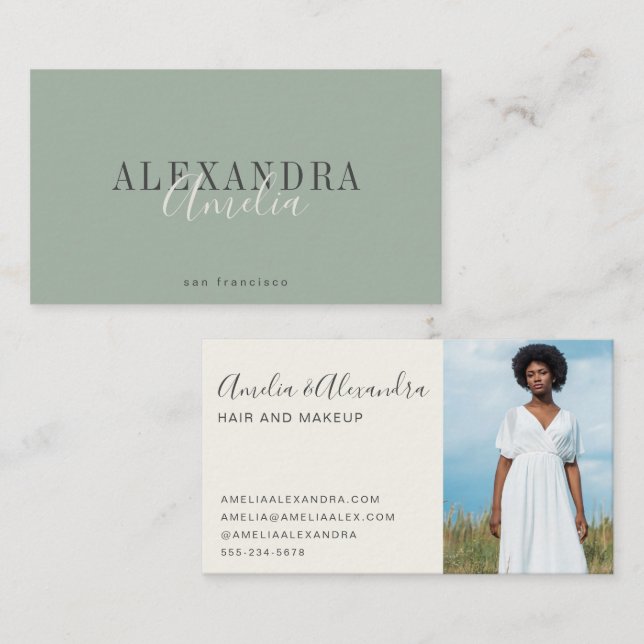Minimalist Bold Script Boho Sage Green Photo Business Card (Front/Back)