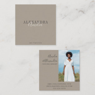 Minimalist Bold Script Boho Taupe Brown Photo Square Business Card