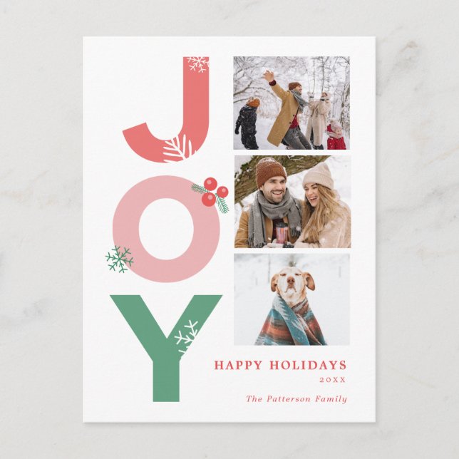 Minimalist Bold Script Joy 3 Photo Collage Family Holiday Postcard (Front)
