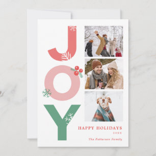 Minimalist Bold Script Joy Photo Collage Family Holiday Card