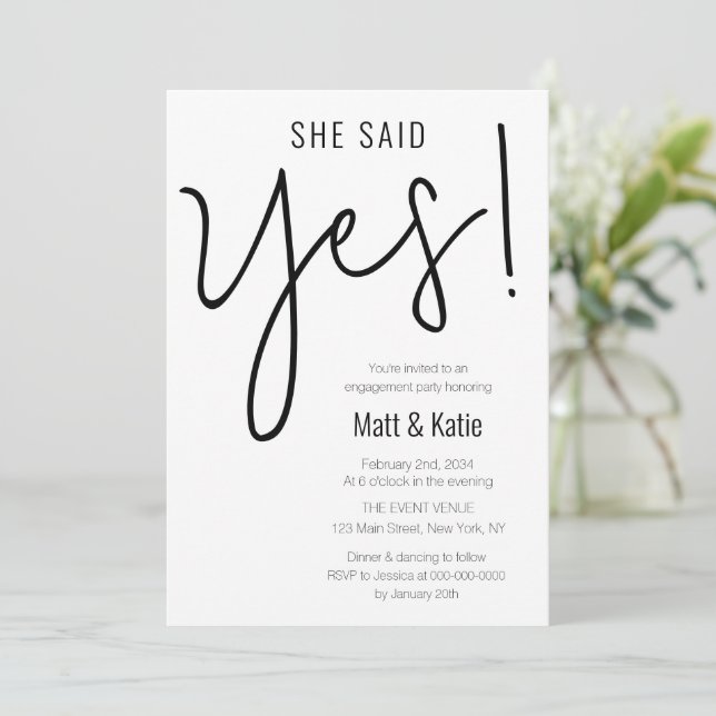 Minimalist Bold She Said Yes Engagement Party Invitation (Standing Front)