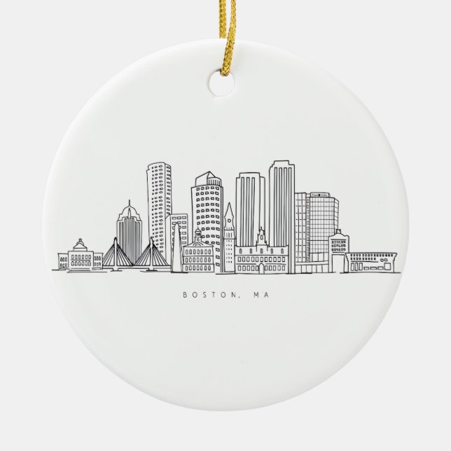 Minimalist Boston City Skyline Illustration Ceramic Tree Decoration (Front)