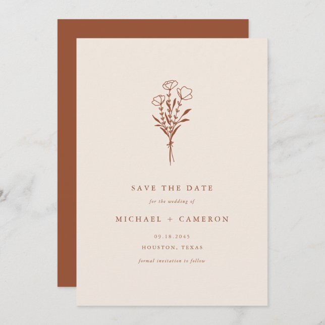 Minimalist Botanical Bouquet Terracotta QR Code Save The Date (Front/Back)