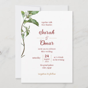 Minimalist Botanical Branch Burgundy Wedding Invit Announcement