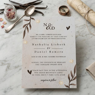 Minimalist Botanical Brown Beige Floral Wedding Invitation