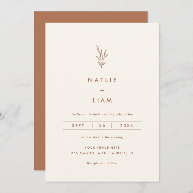 Minimalist Botanical Burnt Orange Wedding Invitati Invitation (Front/Back)