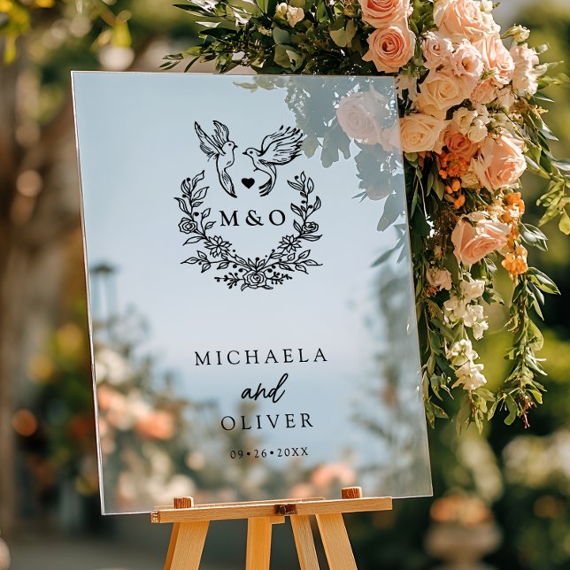 Minimalist Botanical Doves Elegant Script Wedding Acrylic Sign (Creator Uploaded)