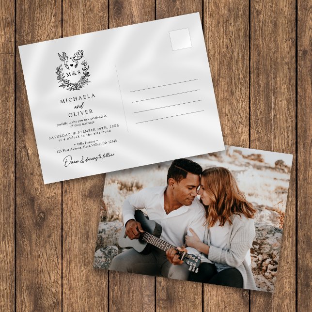 Minimalist Botanical Doves Elegant Script Wedding Invitation Postcard (Creator Uploaded)