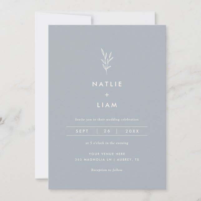 Minimalist Botanical Dusty Blue Wedding Invitation (Front)