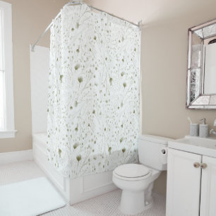Minimalist Botanical Floral Green White Modern Shower Curtain