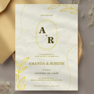 Minimalist Botanical Gold Wedding Invitation