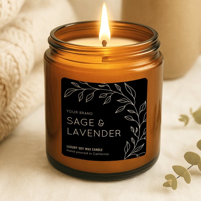 Minimalist Botanical Greenery Black Candle Label (Elegant minimalist botanical design square product label in black and white)