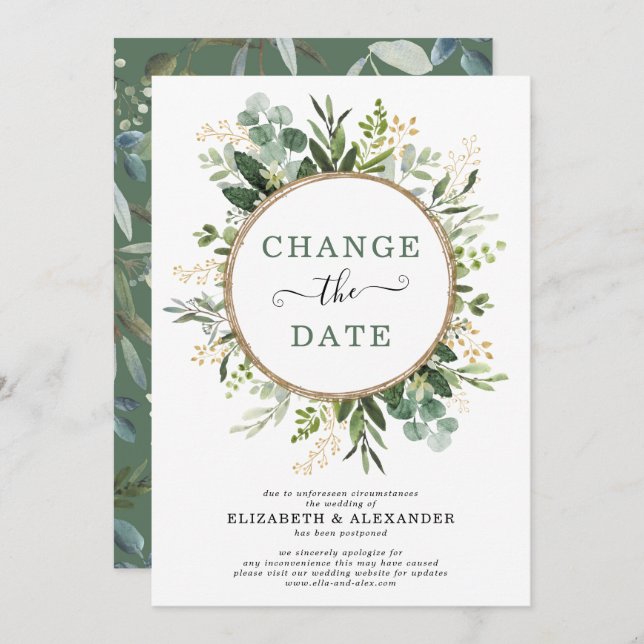 Minimalist Botanical Greenery Gold Change the Date Invitation (Front/Back)