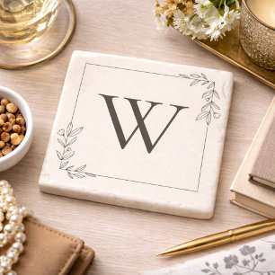 Minimalist Botanical Monogram Stone Coaster
