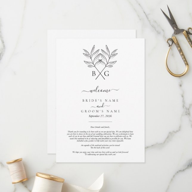 Minimalist Botanical Monogram Wedding Itinerary  Programme (Front/Back In Situ)