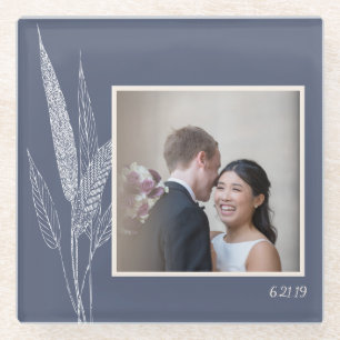 Minimalist Botanical Navy Blue Personalised Photo Glass Coaster