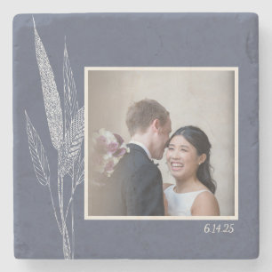 Minimalist Botanical Navy Blue Personalised Photo  Stone Coaster
