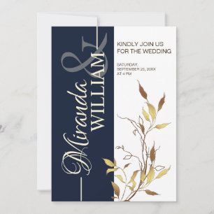 Minimalist Botanical Navy Blue Wedding Invitation