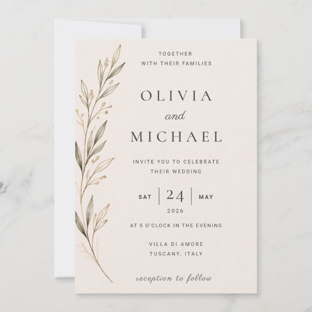 Minimalist Botanical Olive Branch wedding Invitation (Front)