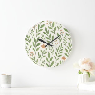 Minimalist Botanical Pattern with Green Leaves  Large Clock