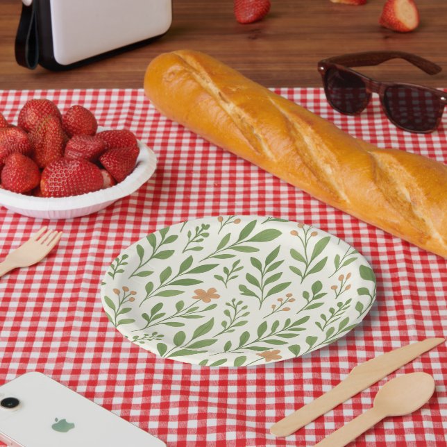 Minimalist Botanical Pattern with Green Leaves  Paper Plate (Picnic)