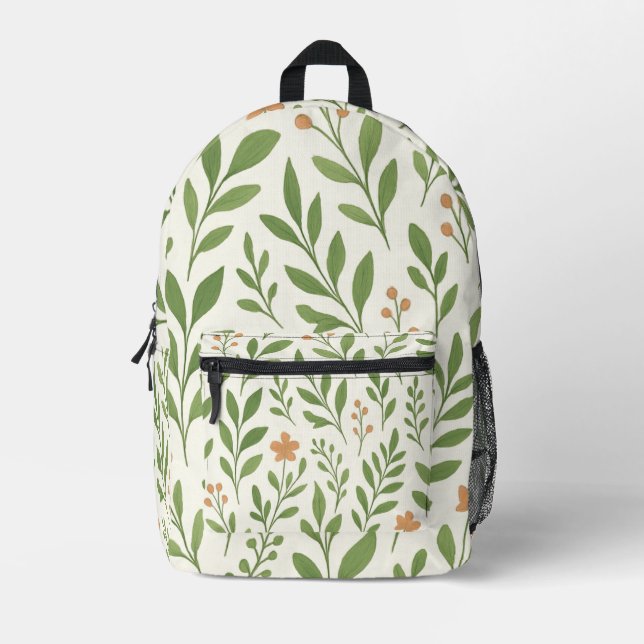 Minimalist Botanical Pattern with Green Leaves  Printed Backpack (Front)