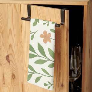 Minimalist Botanical Pattern with Green Leaves Tea Towel