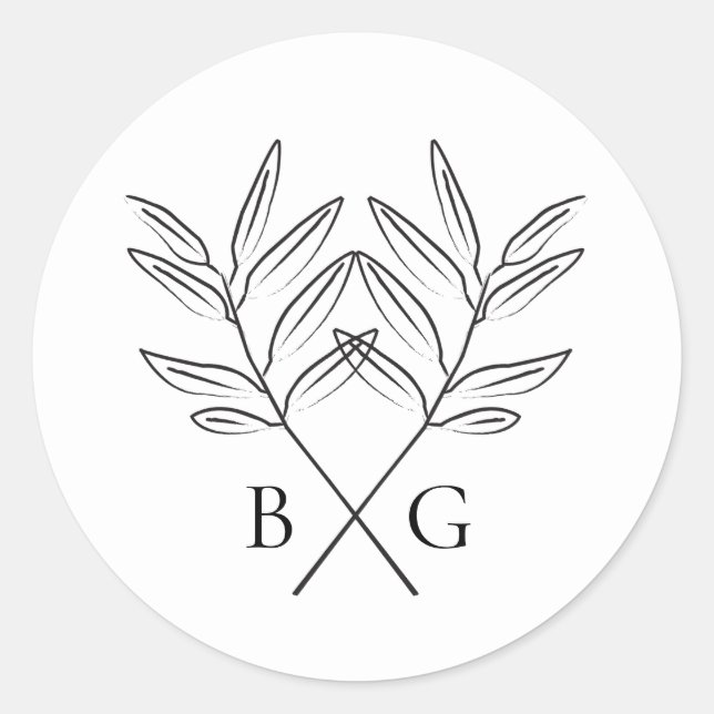 Minimalist Botanical Rustic Monogram Wedding Classic Round Sticker (Front)