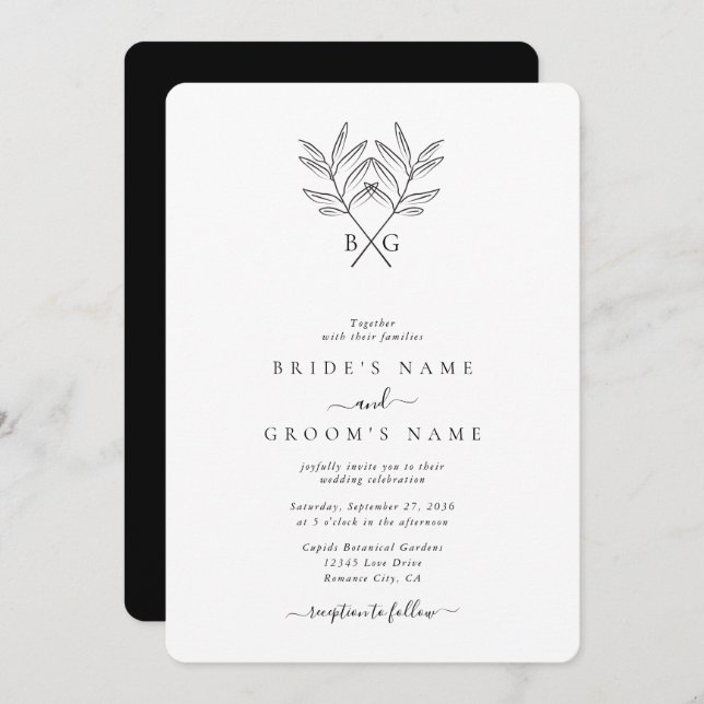 Minimalist Botanical Rustic Monogram Wedding Invitation (Front/Back)