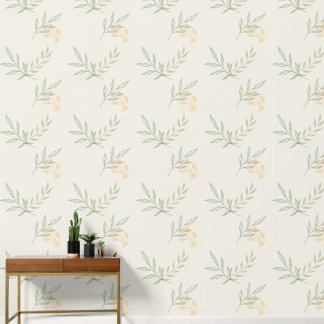 Minimalist Botanical Sage Green & Peach Leaves Wallpaper