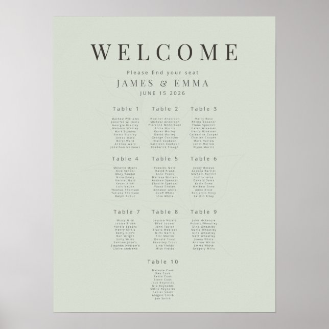Minimalist Botanical seating Plan10 Pale Sage Poster (Front)
