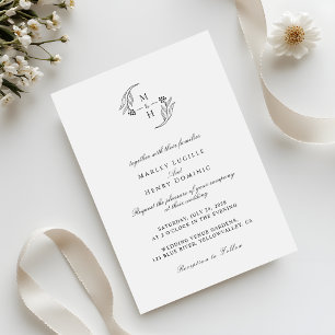 Minimalist botanical Wreath Monogram Wedding Invitation