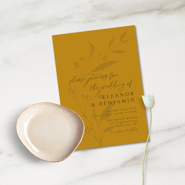 Minimalist Botanical Yellow Boho Script Wedding Invitation (Creator Uploaded)