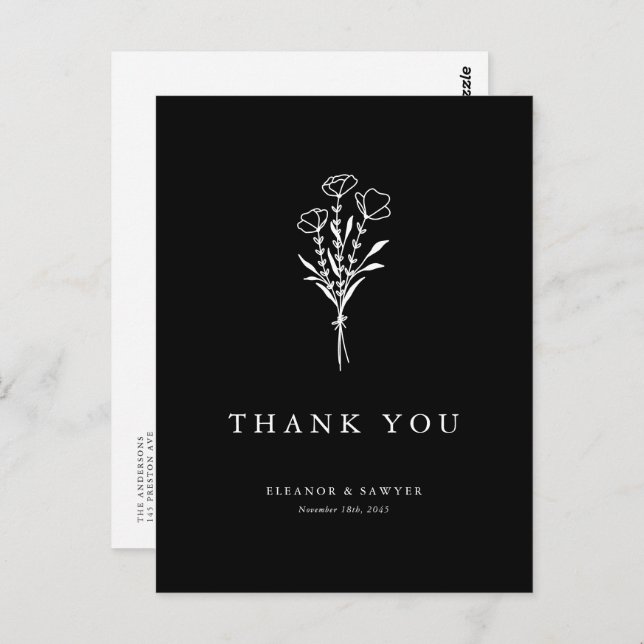 Minimalist Bouquet Black Photo Wedding Thank You Postcard (Front/Back)