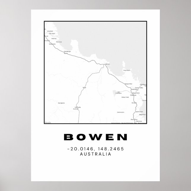 Minimalist Bowen Map with Coordinates Poster (Front)